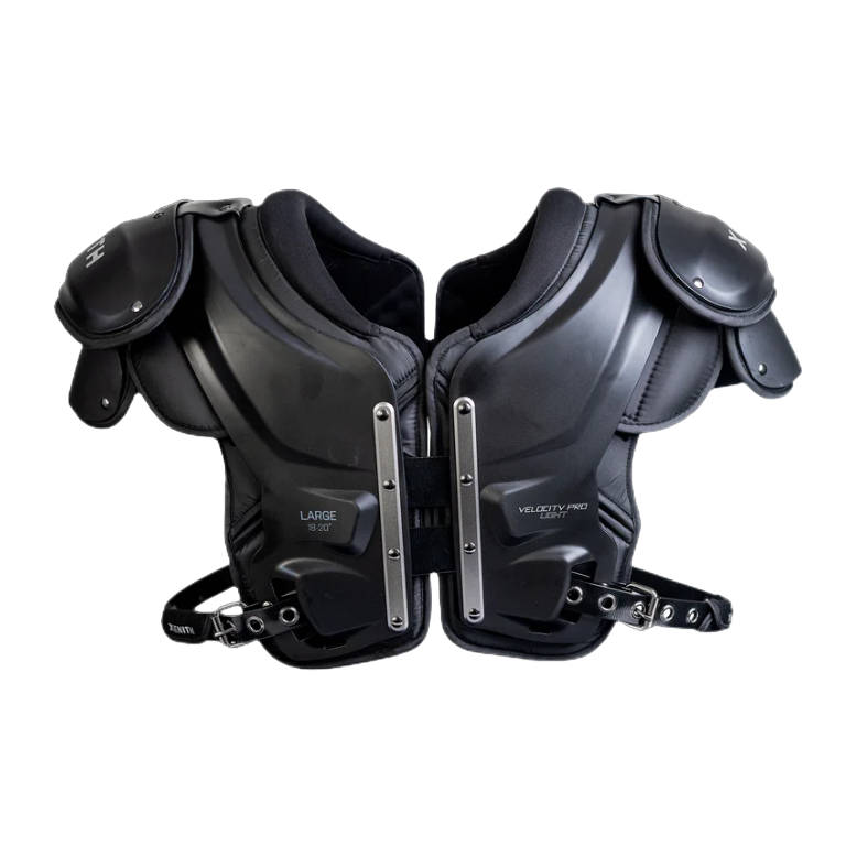 Xenith Velocity Pro Light Varsity black football shoulder pads with flexible arch design and heavy-duty belt system