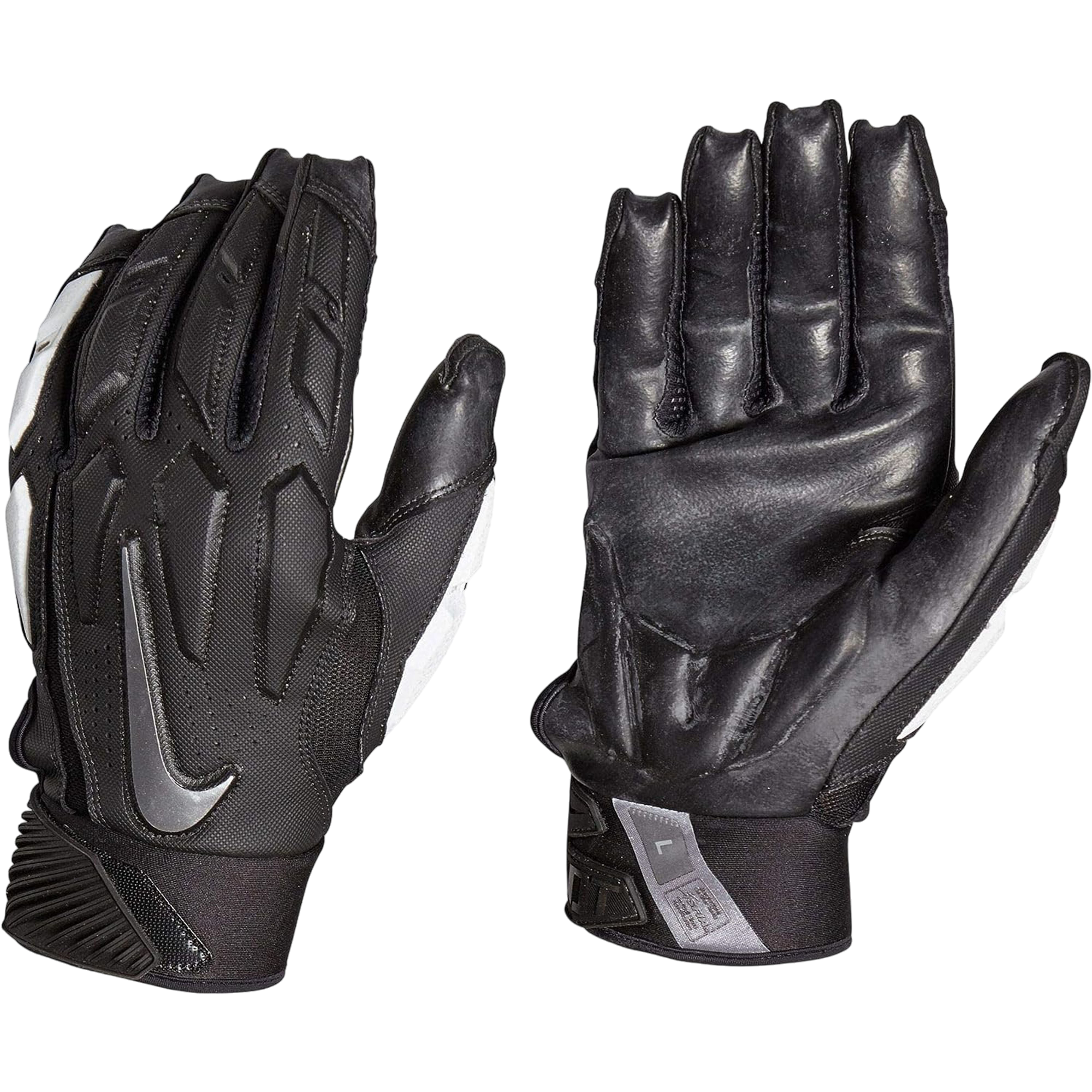 Nike D Tack 6.0 FG black lineman gloves with gel padding and sticky Hydragrip palms for maximum grip and protection.