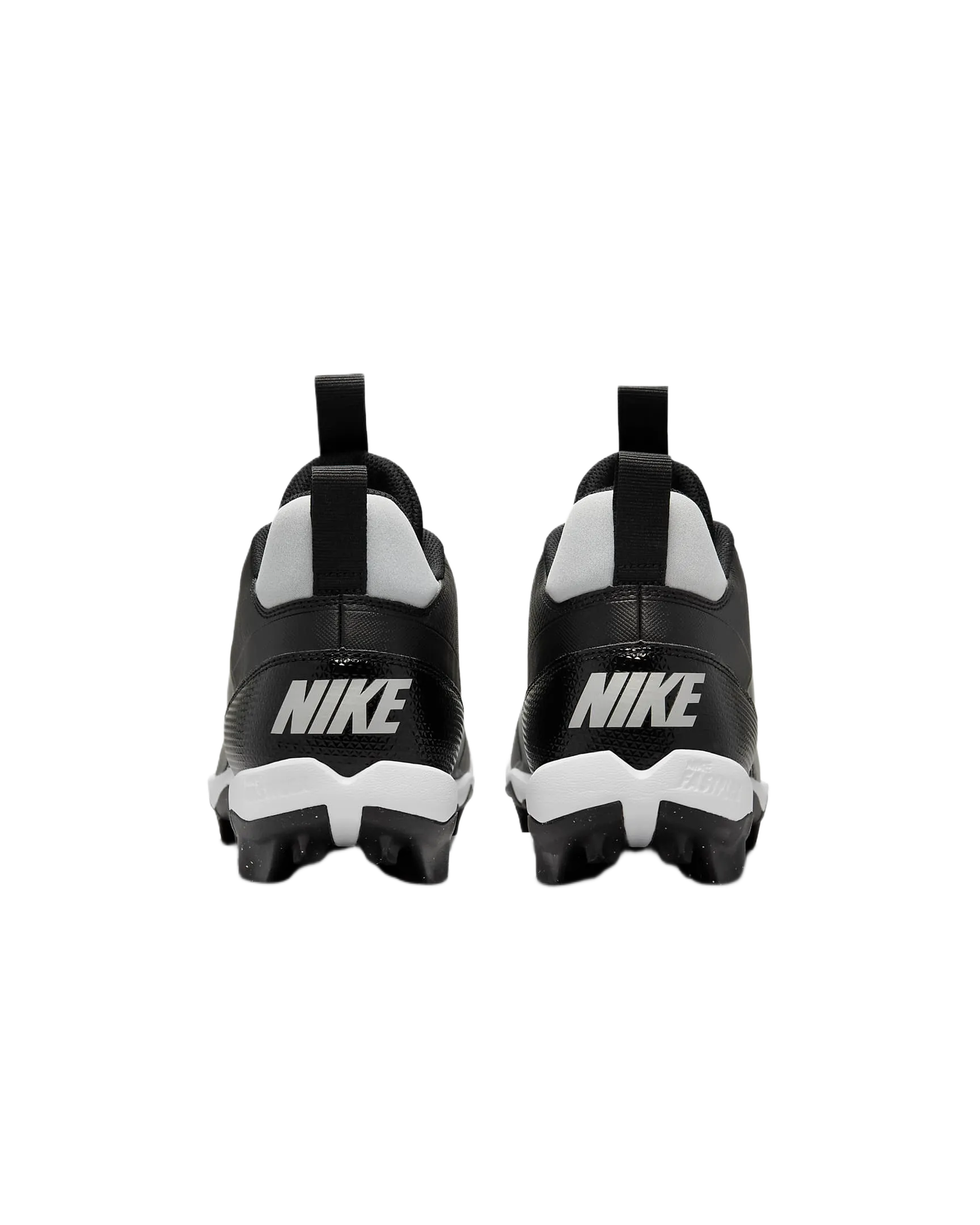 Rear view of black and white Nike Alpha Menace 4 Shark football cleats with Nike logo on heel and studded soles for traction