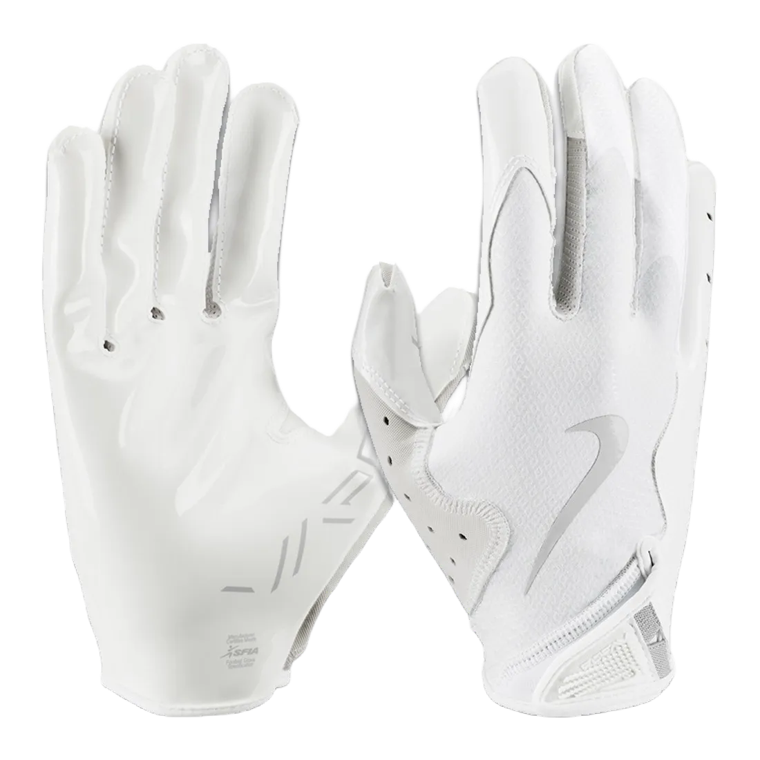 Nike Vapor Jet 8.0 white football gloves with Magnigrip+ palms and breathable, flexible back material.
