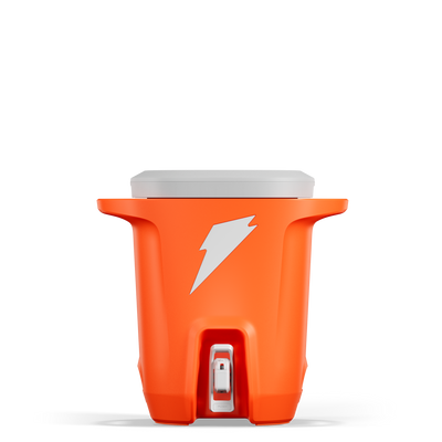 Gatorade Dunk hydration cooler in orange with white lid and lightning bolt logo, front view