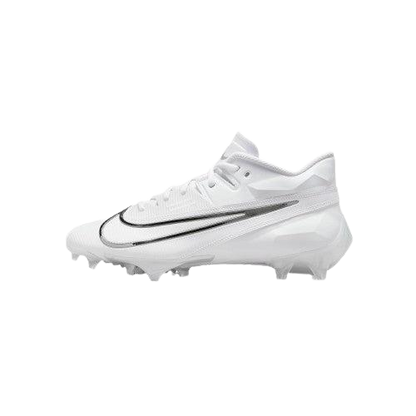 White Nike Vapor Edge Elite 360 football cleat with wide studs and sleek black swoosh design