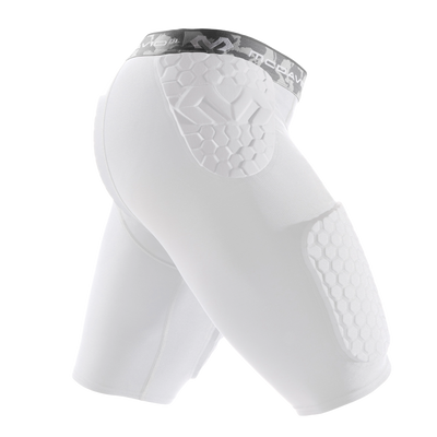 White McDavid Hex Thudd 5-piece compression shorts with hexagonal protective padding on hips and thighs.