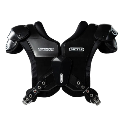 Battle Defender shoulder pads black — front view with epaulettes, moulded sternum plate and buckled belt straps