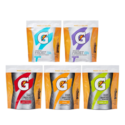 Five large Gatortees Frost Cool quenchert powder pouches arranged in two rows on a white background. The top row contains two white pouches with orange sides and blue/purple G logos, and the bottom row contains three orange-sided pouches with red, orange, and green G logos.
