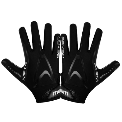Black IB MAX Floorball goalie practice gloves with silicone grip and leather fingertips, featuring Reyrr MAX branding.