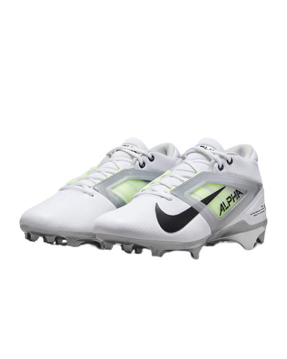 White Nike Alpha Menace 4 Pro football cleats with black swoosh and neon green accents, designed for durability and breathability.