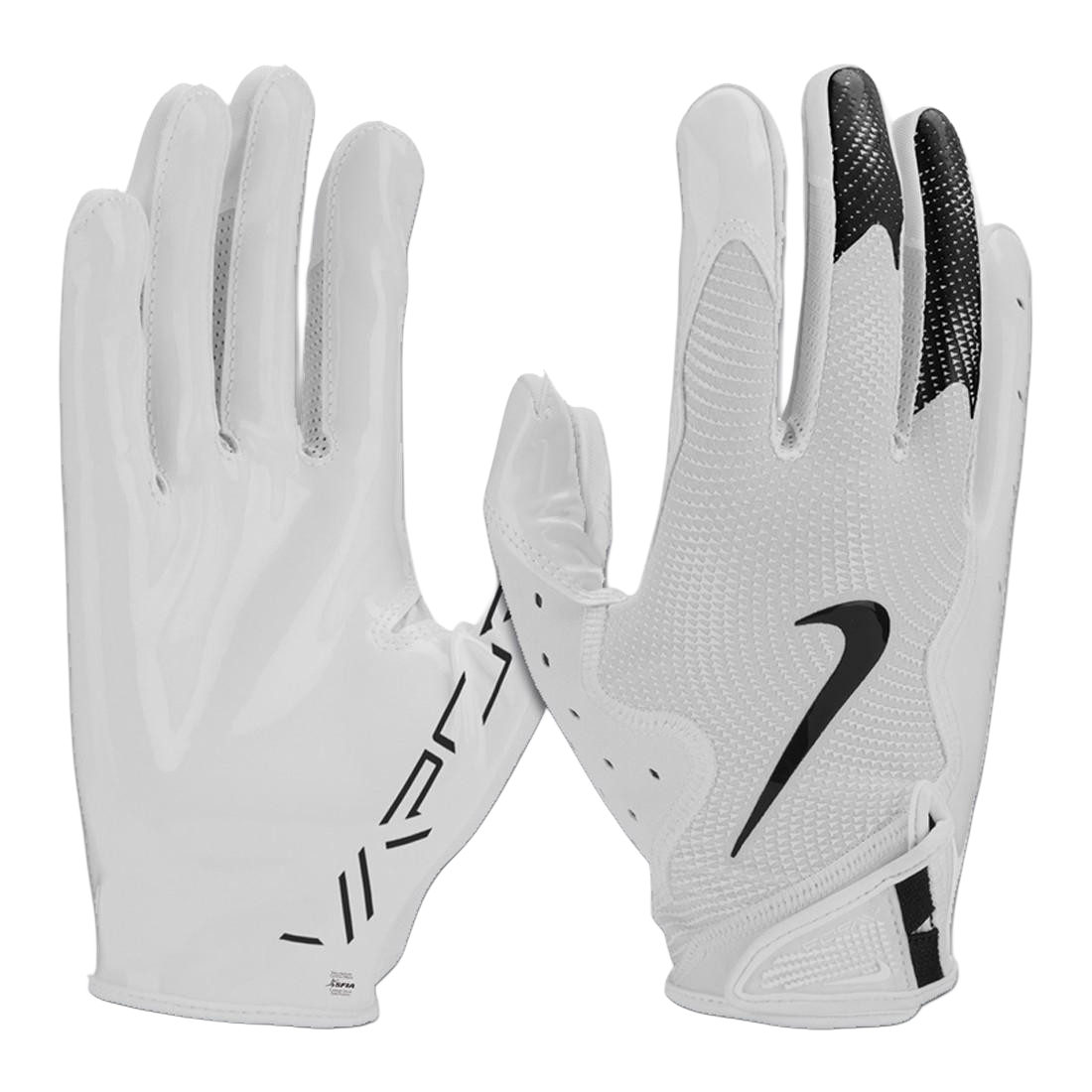 White Nike Vapor Jet 8.0 football gloves with Magnigrip+ palm and breathable perforated backhand design
