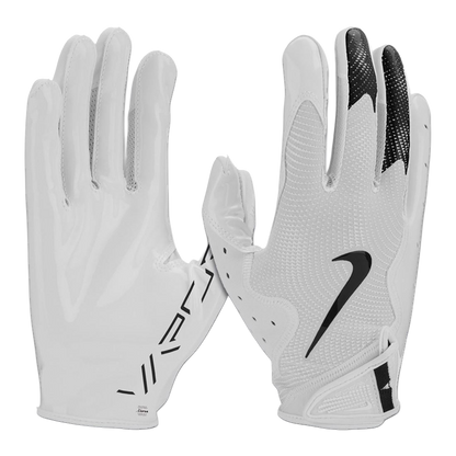 White Nike Vapor Jet 8.0 football gloves with Magnigrip+ palm and breathable perforated backhand design