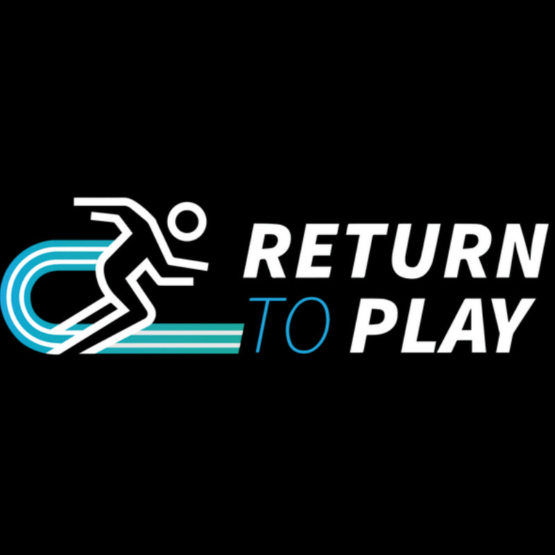 Logo with a stylized figure and 'Return to Play' text on a black background