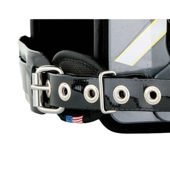 Close-up of adjustable black strap and buckle on Xtech X2 Shoulder Pads for secure fit and comfort.