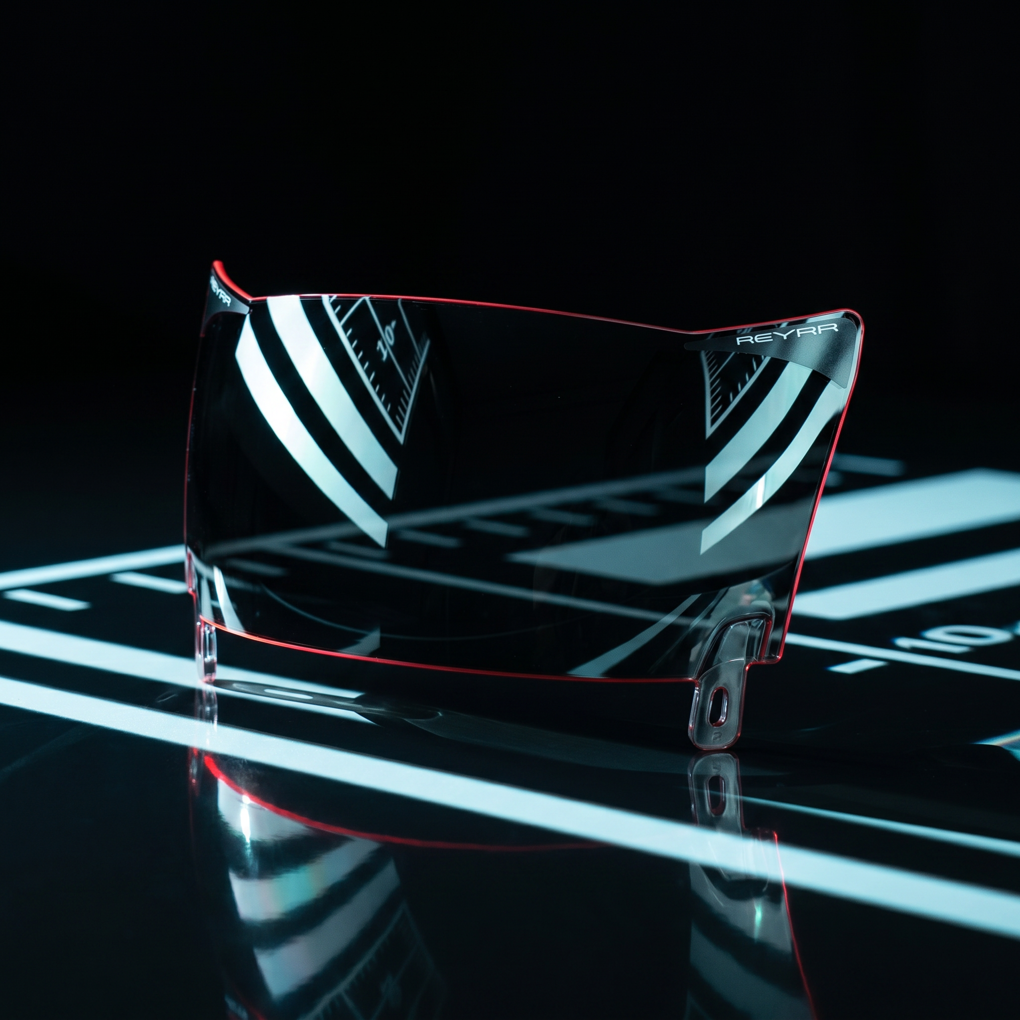 A pair of sport sunglasses with a clear wraparound lens outlined in red, resting on a glossy black reflective surface with a dark studio background.