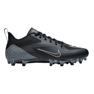 Nike Alpha Huarache 8 Pro black football cleat with lightweight React foam and flexible TPU plate for stability and comfort.