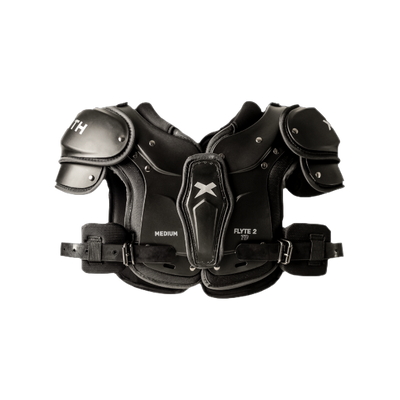 Xenith Flyte 2 youth football shoulder pads in black with low-profile design and premium impact foam for optimal protection and flexibility.