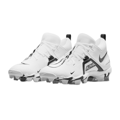 White Nike Alpha Menace Shark 3 cleats with aggressive rubber soles and synthetic leather upper for durable, supportive athletic performance