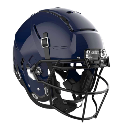Schutt F7 VTD Collegiate football helmet in navy blue with black faceguard and advanced protective padding system.