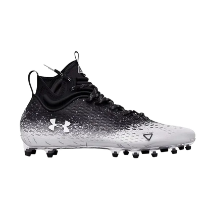 Under Armour UA Spotlight LUX MC 2.0 football cleat in black and white with lightweight breathable upper and multidirectional traction studs.