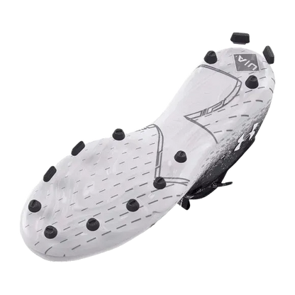 White UA Spotlight LUX MC 2.0 cleat with black bladed and conical studs for multidirectional traction.