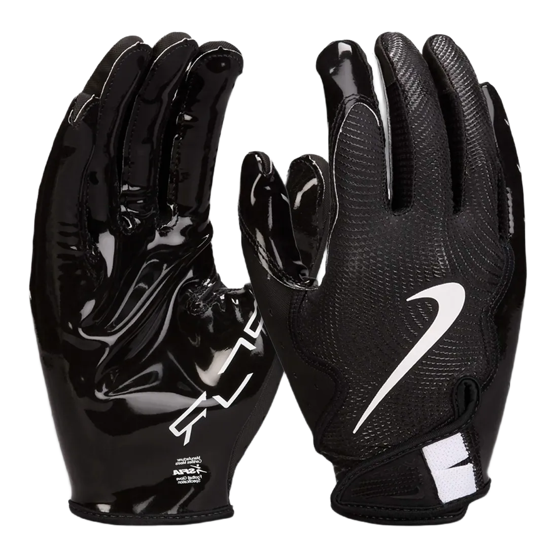 Nike Vapor Jet 8.0 football gloves with tacky Magnigrip+ palms, breathable back, and perforated fingers for enhanced grip and cooling.