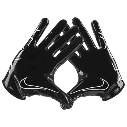 Black Nike Vapor Jet 7 football gloves with white swoosh logo and Magnigrip+ palm for enhanced grip and breathable design.