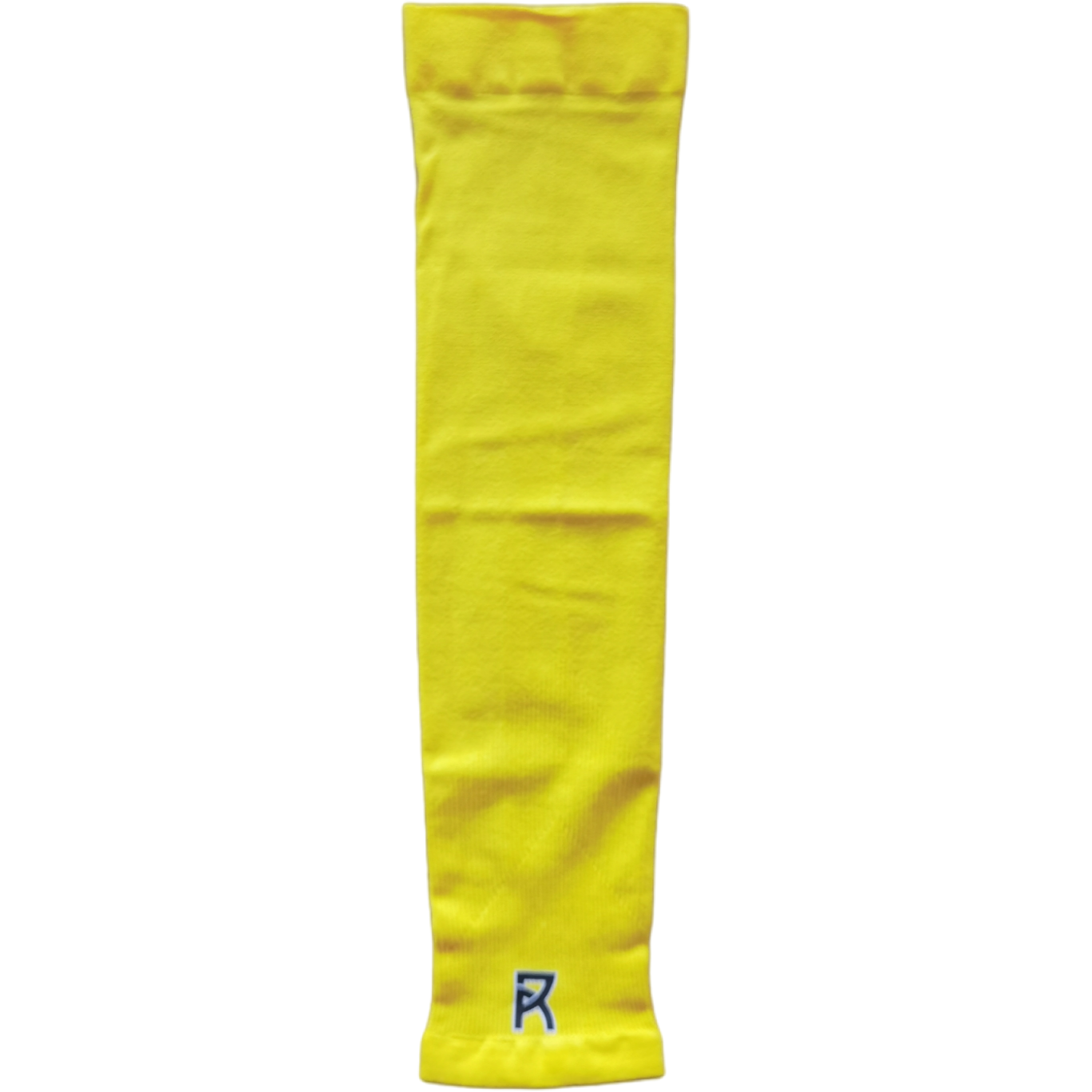 Yellow Reyrr compression arm sleeve made of breathable, sweat-wicking, and elastic fabric with a small logo near the wrist.