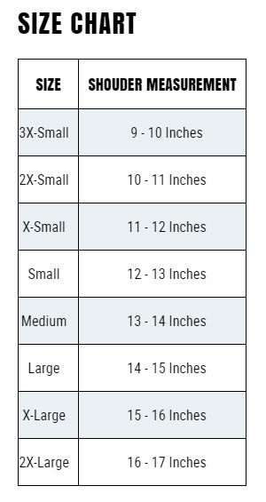 Schutt Mid Flex 4.0 youth size chart showing shoulder measurements for football pads sizes 3X-Small to 2X-Large.