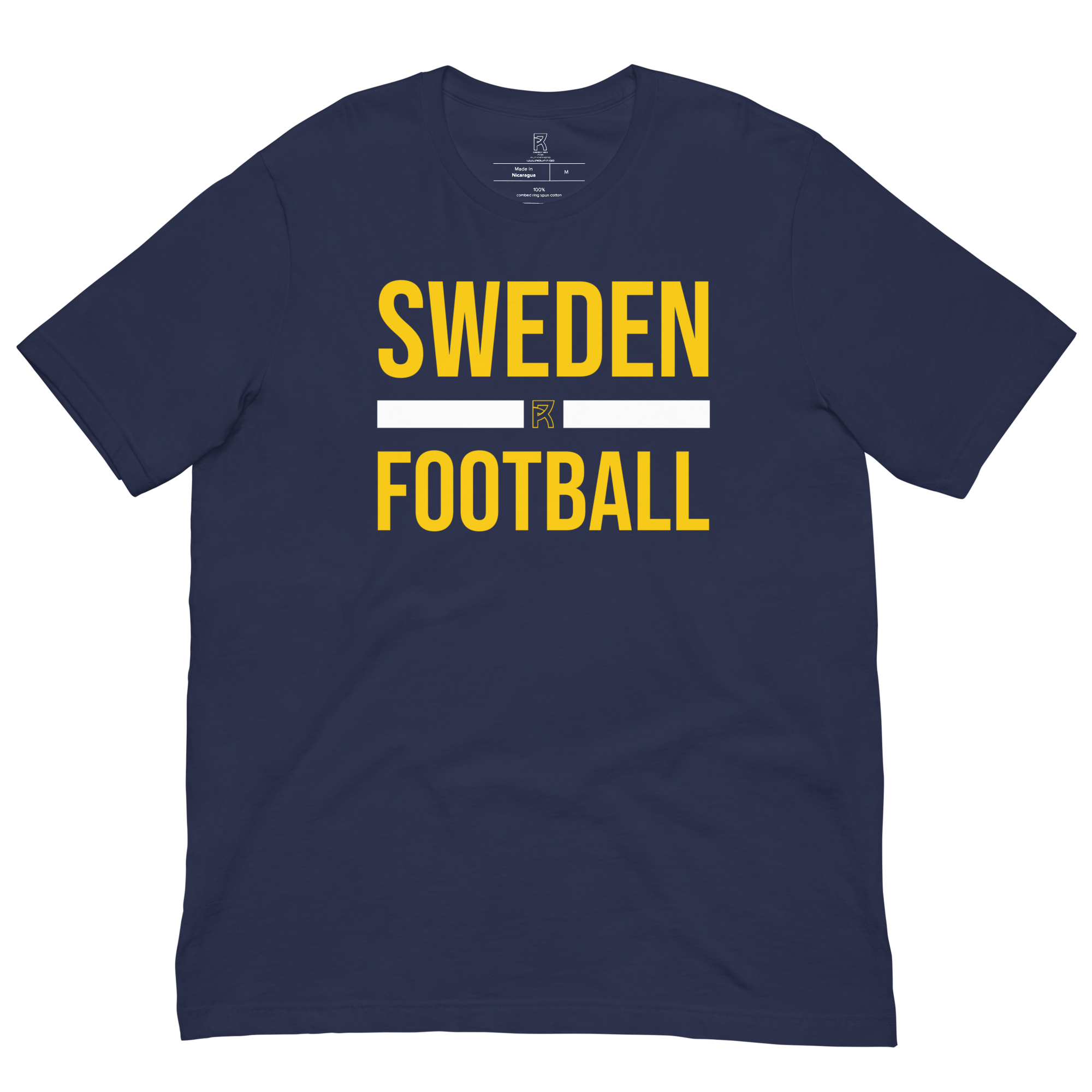 Navy blue Sweden Football t-shirt with yellow text and white stripe, soft and lightweight cotton blend.