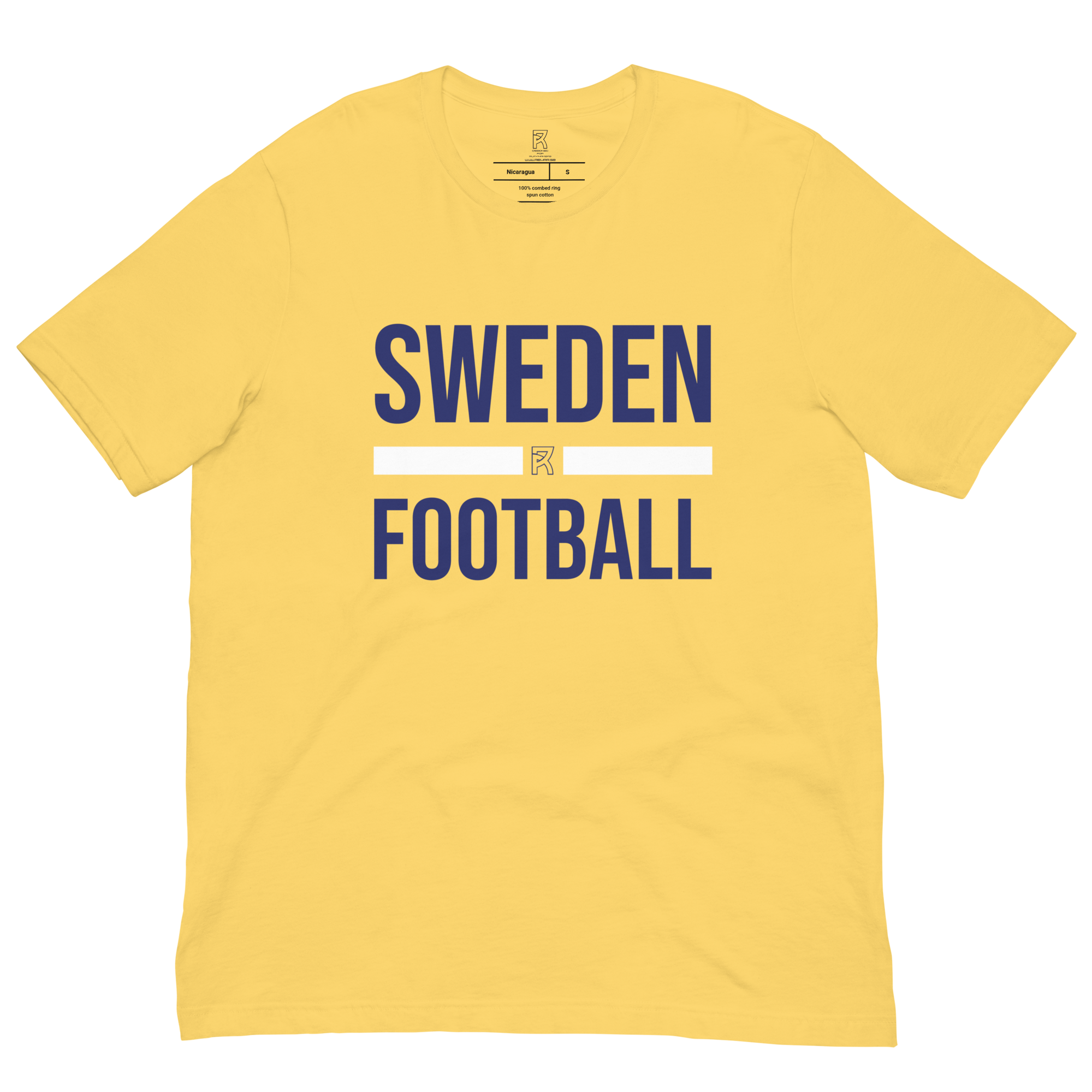 Yellow Sweden Football t-shirt with navy blue text, soft lightweight cotton fabric, comfortable fit